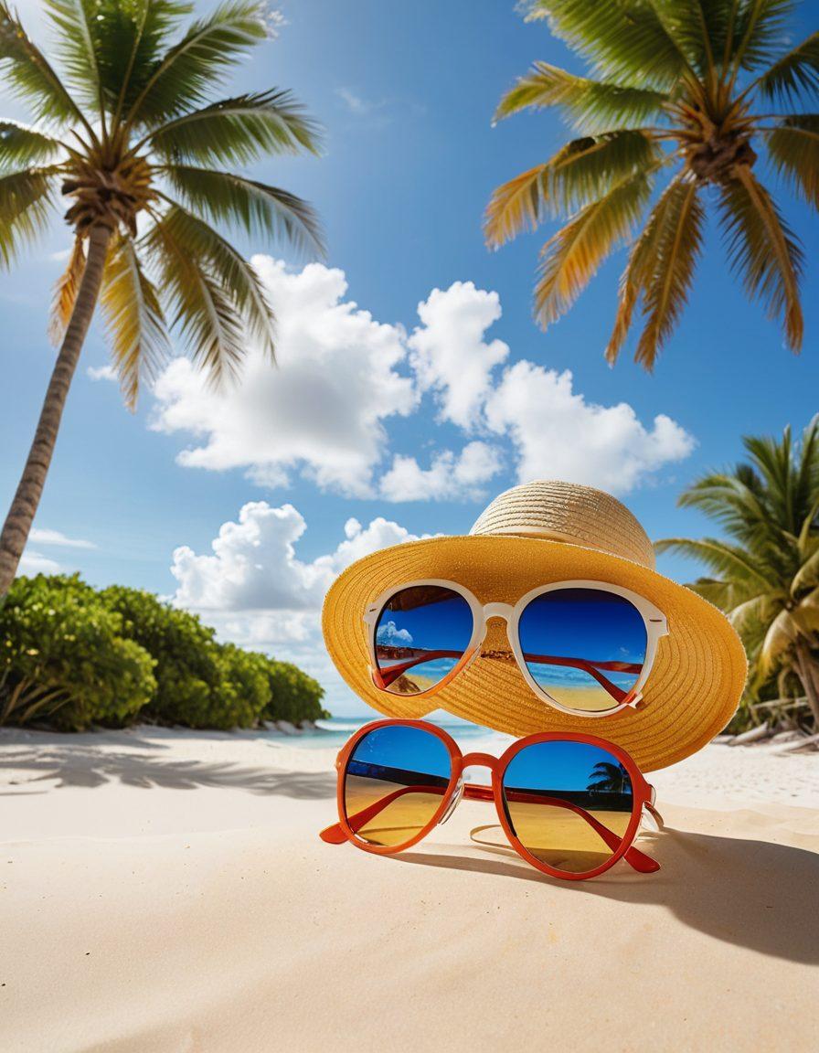 A vibrant beach scene featuring an array of stylish beachwear essentials including colorful swimsuits, wide-brimmed hats, and oversized sunglasses spread out on a sandy beach. Include tropical elements like palm trees and a crystal-clear ocean in the background, evoking a sense of relaxation and adventure. The sky is bright blue with fluffy white clouds, inviting viewers to imagine their fabulous vacation. super-realistic. vibrant colors. airy atmosphere.
